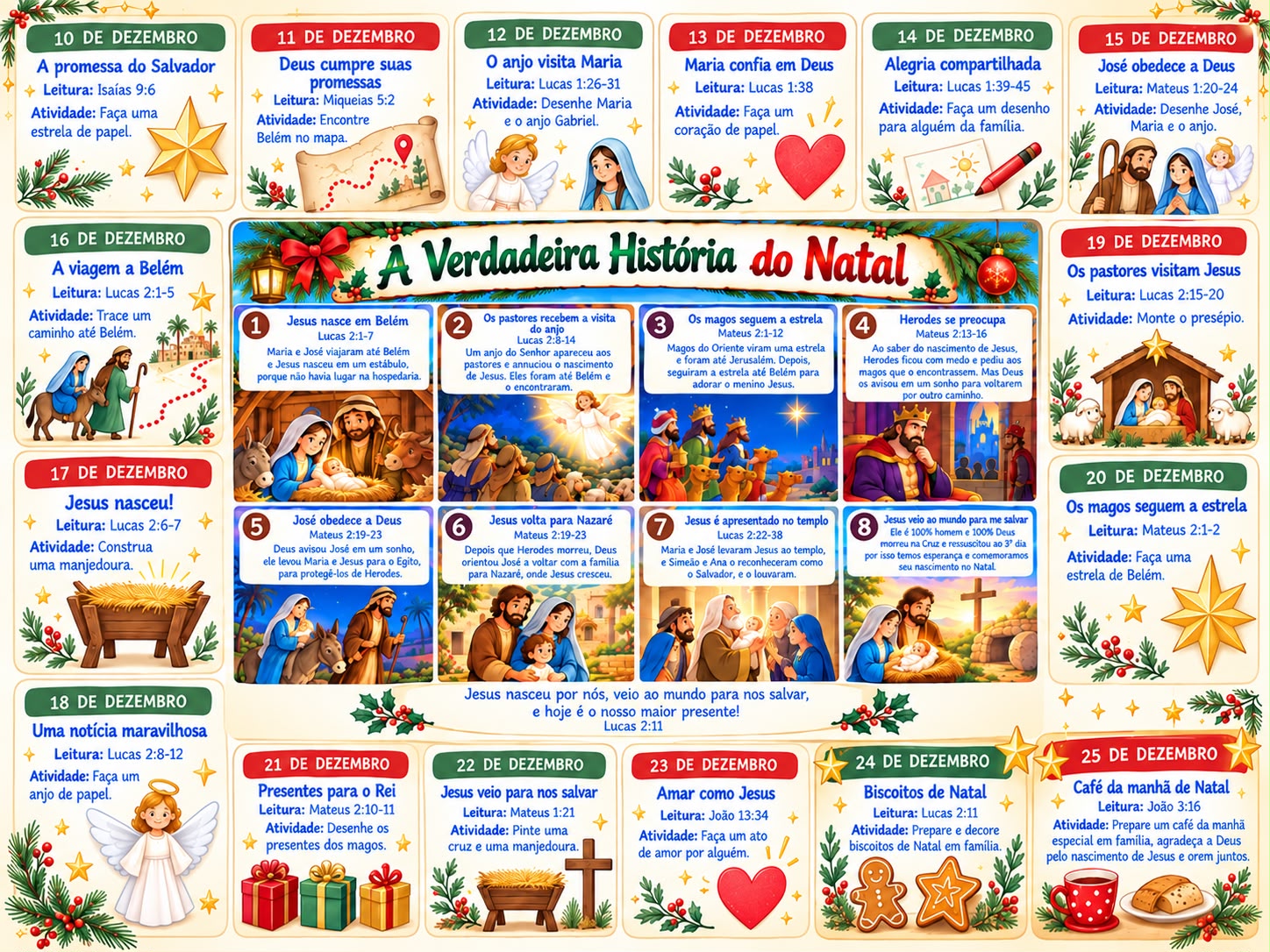 Arte do painel A Verdadeira História do Natal, com calendário de 10 a 25 de dezembro e oito cenas bíblicas